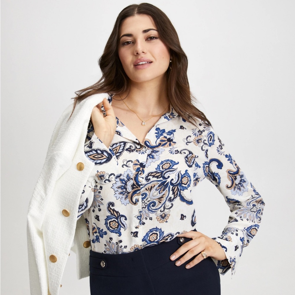 Laura Long Sleeve Paisley Print Blouse Blue Pattern White